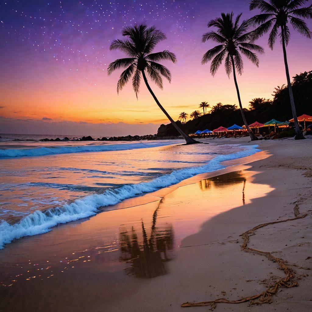 A serene beach scene at twilight, showcasing innovative outdoor lighting ideas such as glowing lanterns, string lights draped over palm trees, and colorful LED beach umbrellas. The sandy shore reflects the shimmering lights, creating a magical ambiance. Bright stars twinkle in the clear sky, integrating nature with modern design. super-realistic. vibrant colors. ocean background.