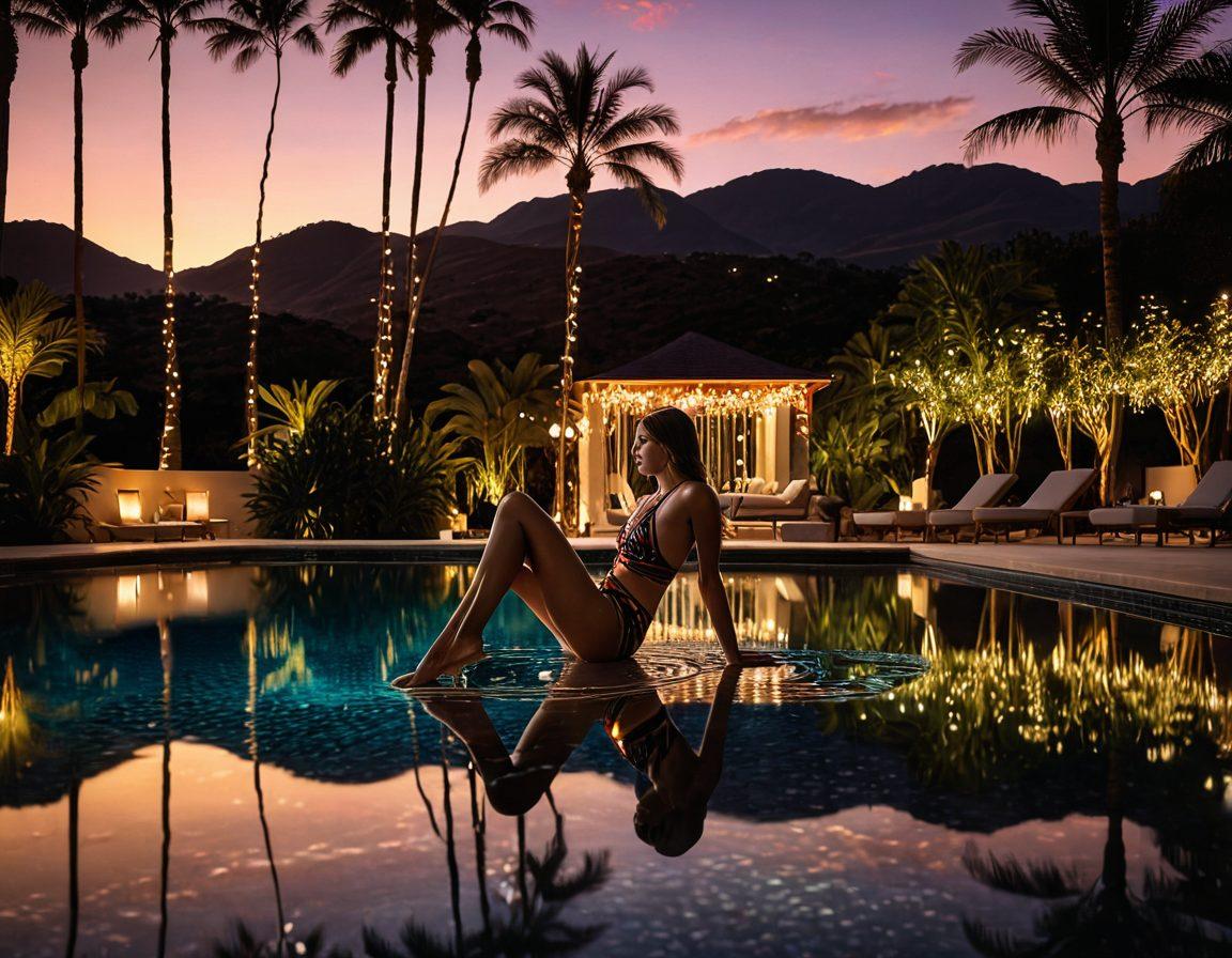 A luxurious outdoor scene featuring a stunning high-end swimwear model lounging by a beautifully illuminated poolside at dusk. Elegant fairy lights cascade from palm trees, casting a warm glow over the setting. The background showcases soft silhouettes of distant hills, while the water shimmers with reflections of the lights. The swimwear is bold and stylish, enhancing the opulence of the ambience. painterly style. vibrant colors. golden hour lighting.